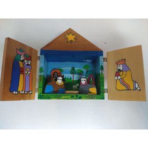 Wooden Nativity Scene Set One Piece El Salvador Hand Painted Christmas Holiday